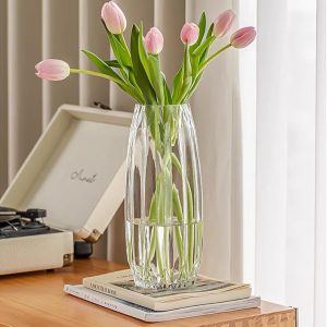 Flower Vase，Glass Vase 11 inch，GIDARY Thickened Clear Ribbed Glass Vase